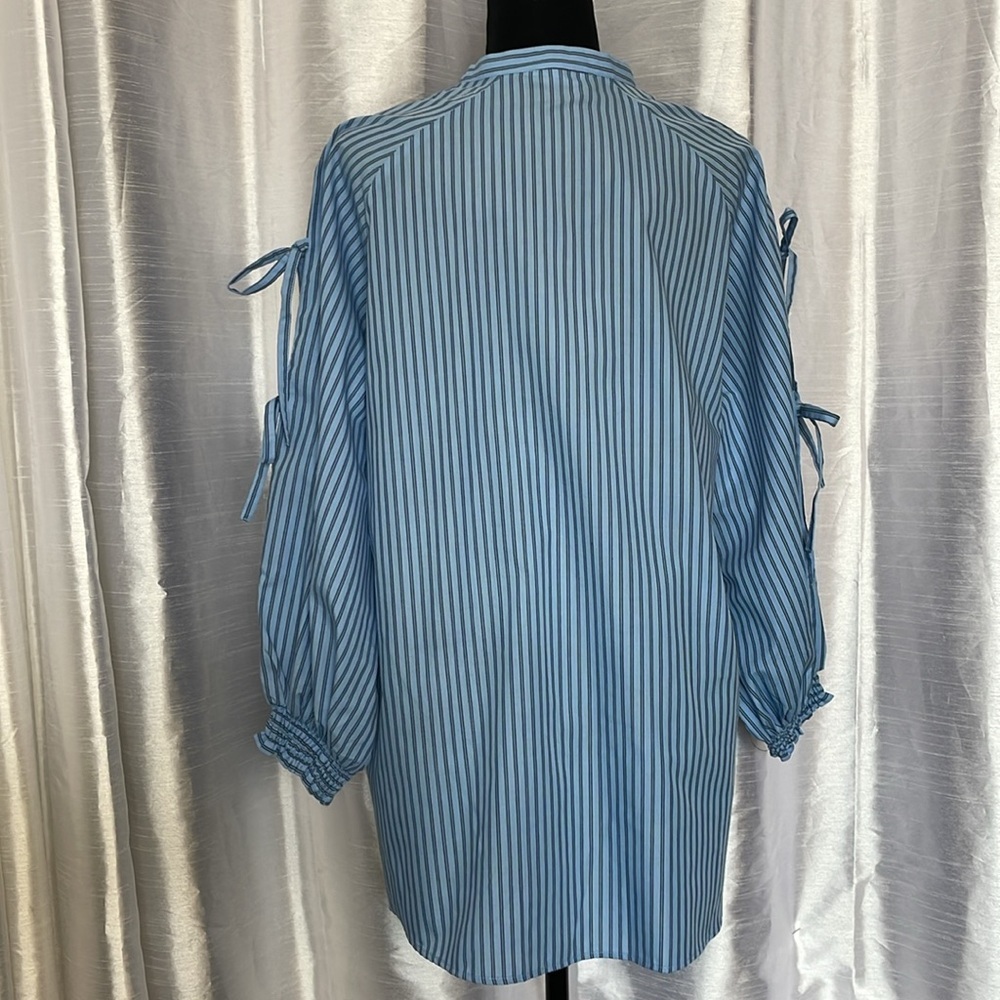 Striped Blue Tie-Sleeve Button-Front Women’s Top - Picture 3 of 9